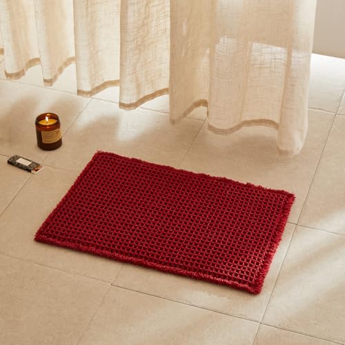 TYUU Waffle Bath Mat, Boho Bathroom Rugs Non Slip Washable Super Absorbent Quick Dry Bath Mat Farmhouse Bathroom Decor, 24"x16" Burgundy - color: Burgundy, size: 1'4" X 2' (Rectangular)