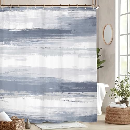 Miyotaa Blue Gray Abstract Shower Curtain Set 60Wx71H Inches Horizontal Striped Modern Contemporary Minimalist Aesthetic Polyester Waterproof Cloth Bathroom Curtain with 12 Hooks - color: Blue Gray Minimalist, size: 60"W x 71"L (Pack of 1)