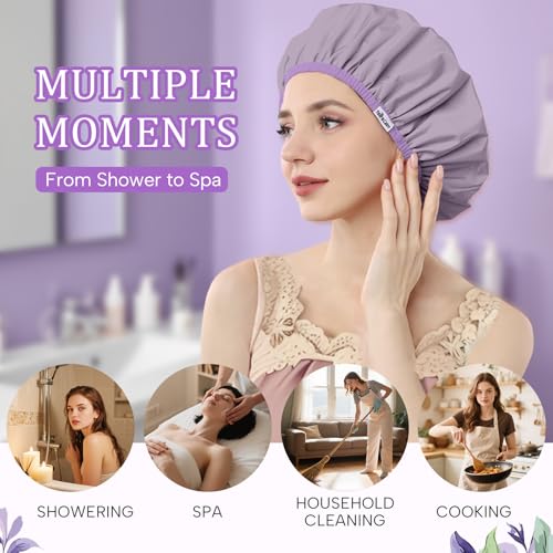 Years calm Shower Caps for Women Reusable Waterproof – Double Layer Elastic Cap with Tropical Botanical Print Shower Cap for Shower, Spa, Travel, Bath & Daily Hair Protection - color: Purple