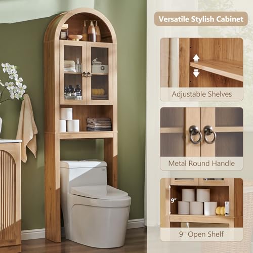 IFGET Arched Over The Toilet Storage Cabinet with Acrylic Doors, Modern Over Toilet Bathroom Organizer Shelf, Small Wooden Bathroom Storage Cabinet with Adjustable Shelf,Space Saver, Natural Oak - color: Natural Oak