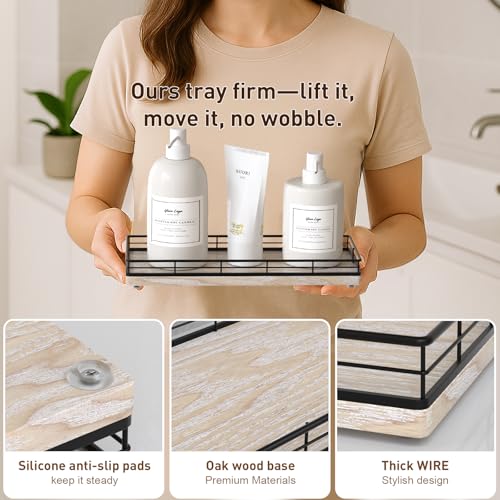 Bathroom Tray for Counter Top Organizer, Ash Wood Vanity Tray | Metal Frame for Dresser, Kitchen & Nightstand, Black & Whitewashed Decorative Storage - color: Black & Whitewashed, size: 11" x 4.5" x 1.5"