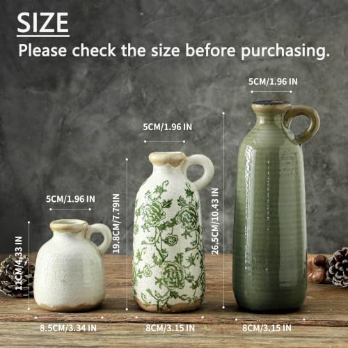 Vintage Vase Set of 3 with Handle, Ceramic Vintage Rustic Vases Home Decor Farmhouse Decorative Vase Pottery Decor Modern for Table Mantel Entryway Bookshelf Living Room Kitchen Bedroom - Green - color: 010 Vase Set - Vintage Green