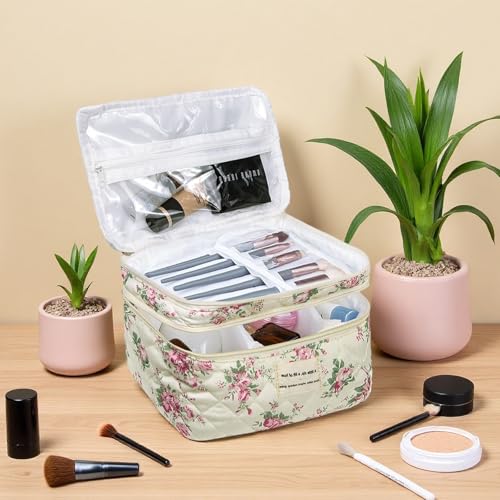 Gosect Large Quilted Makeup Bag, Large Floral Cosmetic Bag for Women, Cute Cotton Makeup Bags, Flower Travel Toiletry Organizer Bag (Pink Flowers) - color: 076Pink Flowers