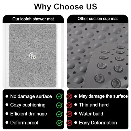Shower Mat Non Slip, 47" x 32" Extra Large Soft Loofah Shower Mats for Inside Shower with Center Drain Hole, Anti Slip Shower Floor Mat for Elderly, Quick Drying, Grey - size: 47" x 32" (Rectangular)