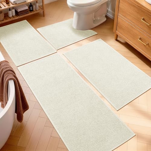 YIHOUSE Beige Bathroom Rugs Sets 4 Piece, Quick Dry Thin Bath Mat with Toilet Rug, Non Slip Absorbent Machine Washable, Bath Runner Rugs for Bathtub Sink Home Decor - color: Beige, size: 4 pieces