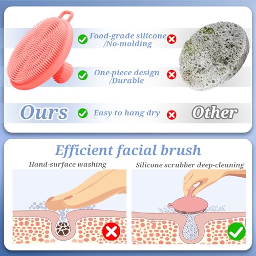 Silicone Back/Face Scrubber & Soft Bath Glove 3PCS, 16''- 24'' Extendable Shower Back Scrubber, 360° Anti-Slip & Hand-fit Silicone Bath Glove, Manual Face Brush for All-Round Cleaning(Pink) - color: Pink*3