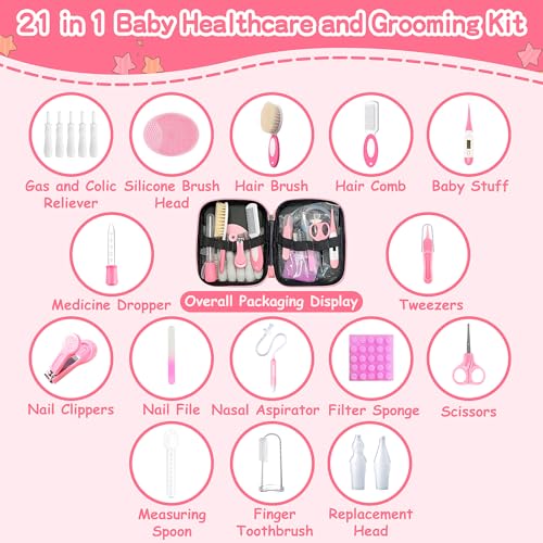 Baby Healthcare and Grooming Kit, 21 in 1 Portable Baby Essentials Kit with Gas Relief Hair Brush Comb Nasal Aspirator for Newborn Boys Girls (Pink) - style: 21 Kits-Pink