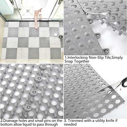 12 Pack 11.8" x 11.8" Interlocking Floor Tiles with Drain Holes Soft PVC Non Slip Shower Floor Mat Modular Interlocking Cushion Mat for Drain, Pool, Patio, Balcony, Kennel, Poultry, Floor Grid, Grey - color: Grey