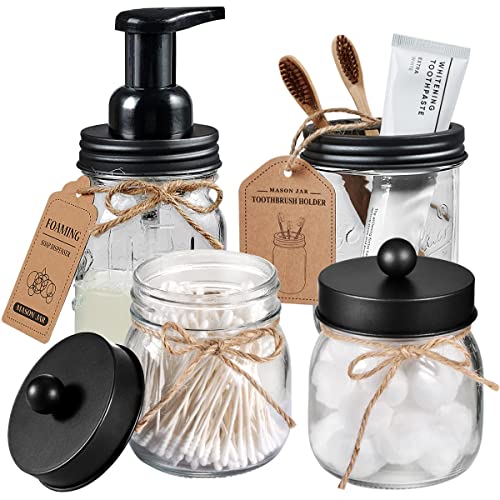 Amolliar Mason Jar Bathroom Accessories Set 4 Pack - Foaming Soap Dispenser&2 Qtip Holders&Toothbrush Holder-Rustic Farmhouse Decor Bathroom Organizer Apothecary Jar Country Countertop (Black) - size: Black, style: Standard-mouth