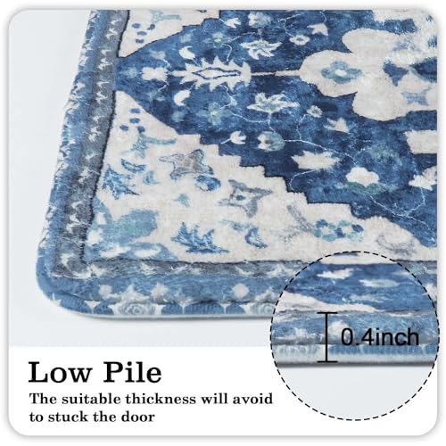 Uphome Boho Vintage Large Bathroom Rugs Blue Non-Slip Soft Hallway Runner Traditional Tribal Machine Washable Bedroom Rug Oriental Floral Aesthetic Floor Mat for Entryway Kitchen Laundry, 24x71 inch - color: Blue, size: 24x71 inch