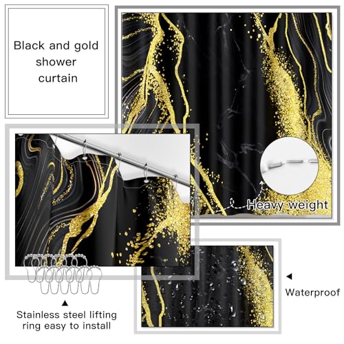 21PCS Bathroom Sets with Shower Curtain and Rugs Bathroom Accessories Set Black Bathroom Set Complete with Trash Can, Toilet Brush, Qtip Holder & 3PCS Soap Dispenser - size: Bath Set+Marble Shower Curtain+Rugs, style: Black