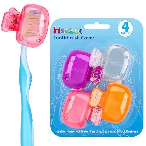Hxezoc 4 Pack Toothbrush Covers Toothbrush Holders Toothbrush Protector Cap Brush Pod Case Protective Portable Plastic Clip for Household Travel, School, Camping, Bathroom, Business - color: Clear, Orange, Purple, Pink