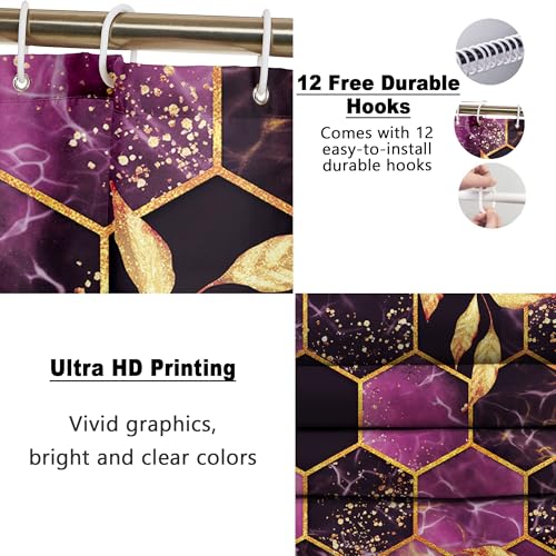 Poedist 4 Pcs Bathroom Shower Curtain Set,Purple Honeycomb Marble Bathroom Sets with Rugs(Bath Mat,U Shape and Toilet Lid Cover Mat) and 12 Durable Hooks - color: Purple
