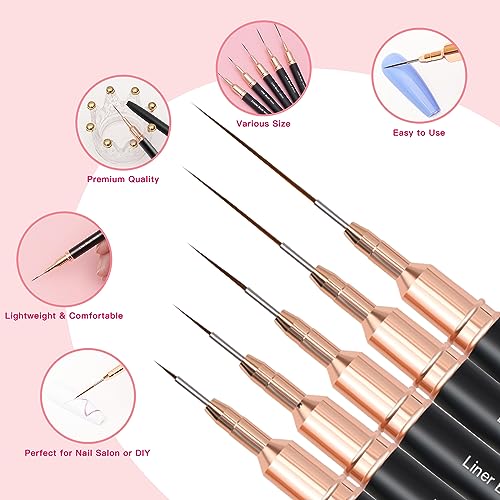Komall Metallic Nail Art Brushes, 5Pcs Liner Brushes for Nails, Black | For Long Lines, Thin Details, Fine Drawing, Liner Brush UV Gel Polish Painting Nail Design Pen Sizes 4/8/12/20/25mm - color: Black