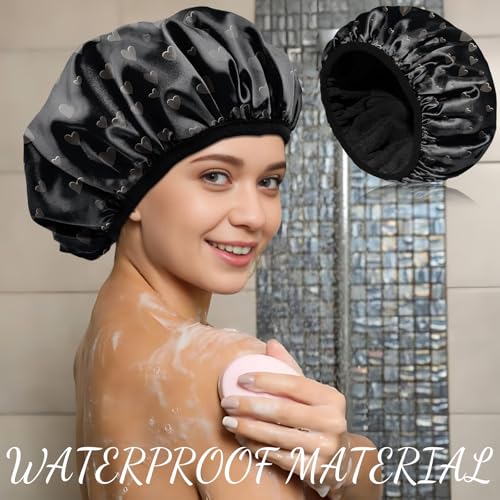 Luxury Shower Cap Terry Cloth Lined EVA Waterproof Reusable Triple Layer Elastic Hair Bath Caps for Women Girls Cute (C10-Hearts) - color: C10-Hearts