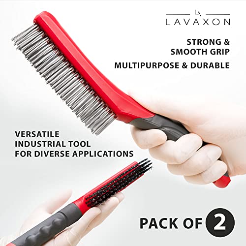 Lavaxon Wire Brush Set-Heavy Duty Stainless & Carbon Steel Bristles with Plastic Handle Grip for Rust, Wielding Slag, Dirt & Paint Scrubbing with Deep Cleaning – 10 Inches, Large (Pack of 2-Red)