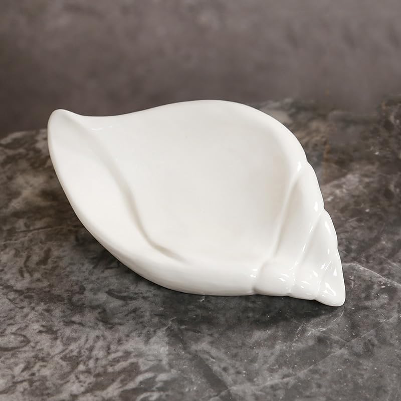 Sea-Shell Soap Holder, Ceramic Soap Tray with Self Draining, Soap Tray for Sink Washroom Bathroom Shower, Small Cute and Elegant Holder with Glaze, Easy Cleaning (White) - color: White
