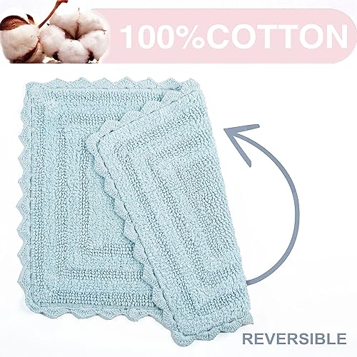 TreeWool 2-Pack Gorjeeus Collection Soft Reversible Bathroom Rug Cotton Bath Mat Set with Crochet Border - Rectangle (19" x 26"; Sky Blue) - color: Sky Blue
