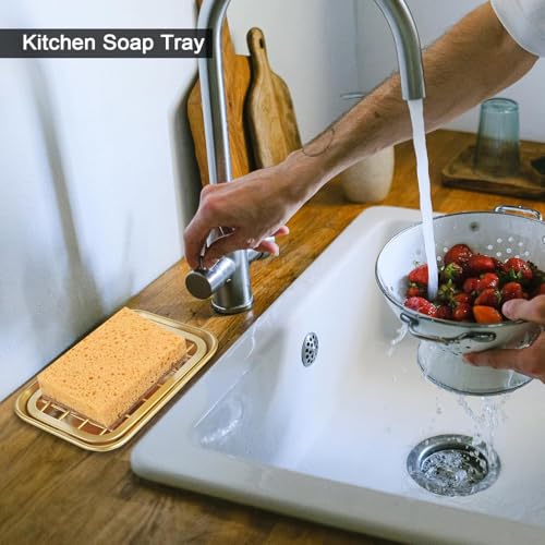 SheeChung Kitchen and Bathroom Soap Dish Tray - Metal Soap Dish Tray with Drainage Grid and Holder for Kitchen Sink Countertops to Store Soap, Sponges, Scrubbers - Rust Resistant (Gold) - color: Gold