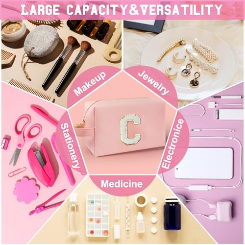 Personalized Initial Makeup Bag with Handle, Preppy Cosmetic Bag with Inner Zipper Pocket, 8 9 10 11 12 13 14 Years Old Girl, Graduation Gifts for Teen Girls Women Teachers (C, Pink) - color: Pink, style: C