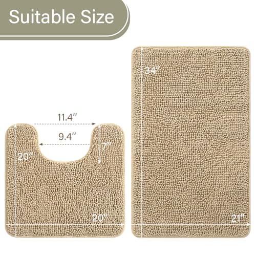 LOCHAS Bathroom Rugs Sets 2 Piece, Soft Non Slip Bath Mat Set, 20''x20'' U-Shaped Toilet Rug and 34''x21'' Sand Beige Bath Rugs, Washable Absorbent Chenille Toilet Rug Set for Bathroom, Shower - color: Sand Beige