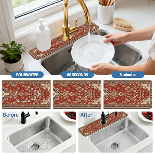2 Pcs Kitchen Sink Splash Guard Faucet Mat Retro Red Bohemian Pattern Faucet Mat for Sinks Flower Absorbing Drying Mats for Kitchen Bathroom - color: Red Bohemian Pattern