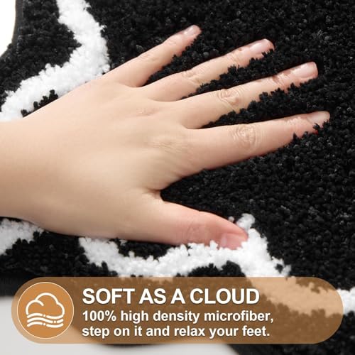 ORTIGIA Black Bath Mat with White Scallop Non Slip, Quick Dry Bath Rug Absorbent Soft Plush Microfiber Bathmat for Bathroom Floor Carpet for Sink Bedroom, 17x24 - color: Black, size: 1'5" X 2'(rectangular)