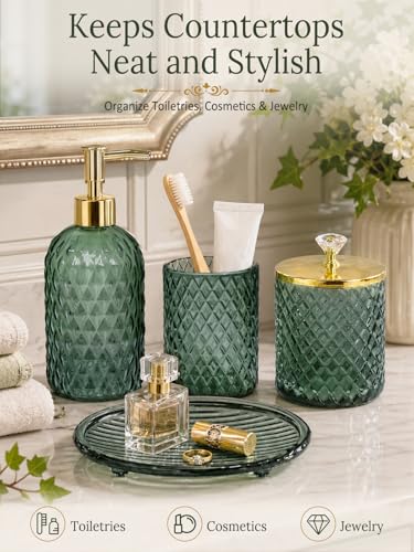 Haturi Bathroom Accessories Set, 4Pcs Sage Green Glass Bathroom Set Complete w/Bathroom Soap Dispenser Set, Toothbrush Holder, Qtip Holder, Soap Dish, Green Bathroom Decor, Gift for Home Apartment - style: Sage Green