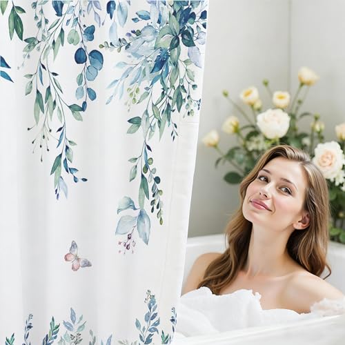 16 Pcs Blue Eucalyptus Shower Curtain Set with Absorbent Rugs and Metal Hooks,Premium 120gsm Heavy Weight Fabric Shower Curtain,Botanical Bathroom Deco (B-Blue) - color: Blue