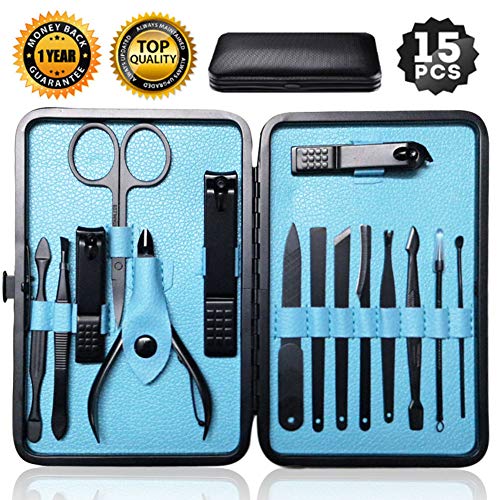 Nail Clippers Sets High Precisio Stainless Steel Nail Cutter Pedicure Kit Nail File Sharp Nail Scissors and Clipper Manicure Kit Fingernails & Toenails with Portable Stylish case (Blue 15-piece) - color: Blue 15-piece