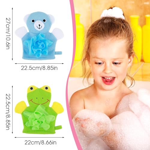 Cute Bath Gloves Loofah - 2 PCS Kids Animal Bath Gloves Body Scrubber, Double-Side Exfoliating Shower Sponges, Washcloths Mitts for Gentle Soft and Easy to Lather (Bear Frog)
