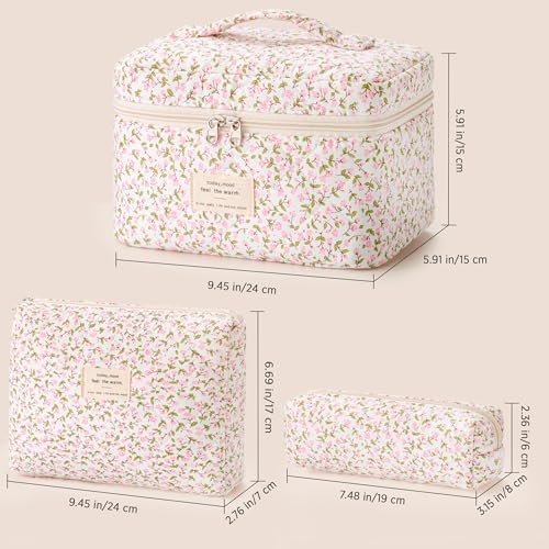 HBselect Quilted Makeup Bag, 3PCS Cotton Large Travel Makeup Bag, Cute Floral Coquette Make up Bag Cosmetic Bag Toiletry Bag for Women Girls - color: A-3PCS-Floral 17