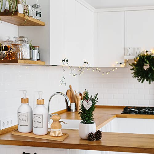 Zopeal 4 Pcs 16 oz Kitchen Soap Dispenser Set with Bamboo Tray and Dish Brush Plastic Soap Dispenser Set with Waterproof Labels for Hand Dish Lotion(Frosted White) - color: Frosted White