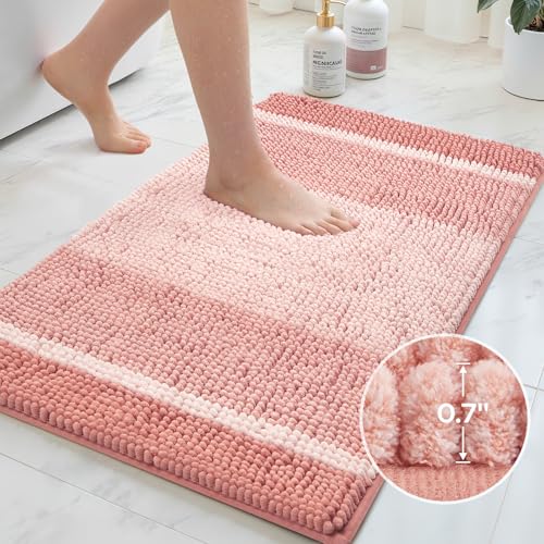 HOMEIDEAS Pink Bathroom Rugs Set of 2, Thick Absorbent Chenille Bath Mats, Non-Slip Soft Shaggy Rugs for Bathroom Floor, 20" x 32" & 17" x 24" - color: Pink
