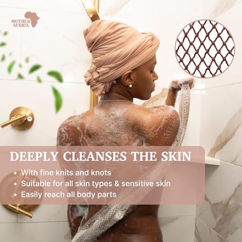 MOTHER AFRICA African Net Sponge Authentic with Knots 2 Pack Black Owned Exfoliating Body Scrubber Bath Sponge for Shower Washcloth Loofah Gentle Deep Cleansing Back Scrubber Face & Body Men & Woman - color: Dark Brown & Linen Tan