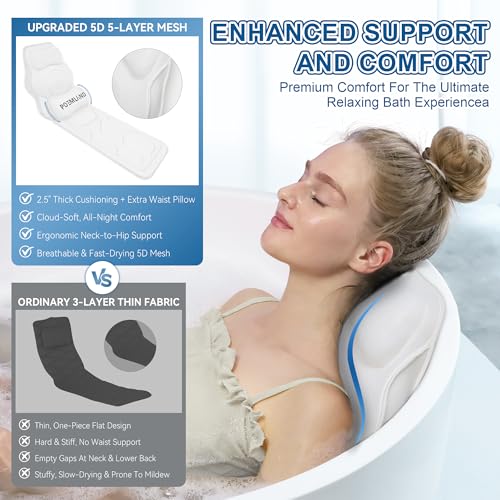 Poemland Full Body Bath Pillow for Tub - Extra Long & Thick Tub Pillow with Head, Back & Lumbar Support, 168 Non-Slip Suction Cups, Soft 5D Mesh Spa Cushion, Fits All Tubs-Gift for Soaking(White) - color: White