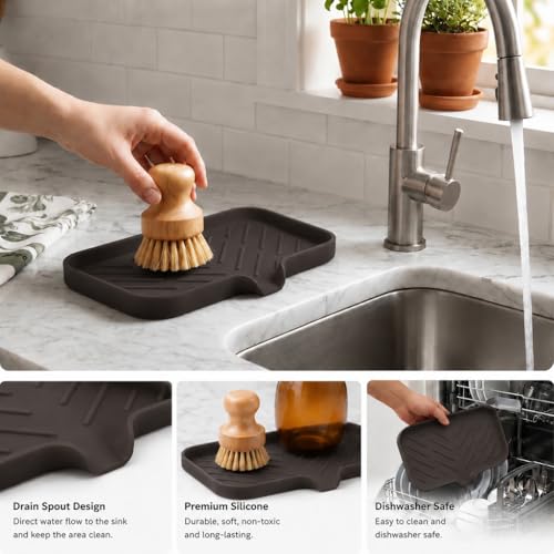 MicoYang Silicone Soap Dish with Drain Spout — Self-Draining Sink Organizer Tray for Bathroom & Kitchen, Sponges, Dispensers & Soap Holder, Non-Slip & Dishwasher Safe, Coffee (Medium, 9.6"×5.3") - color: Coffee, size: M(9.6"×5.3")