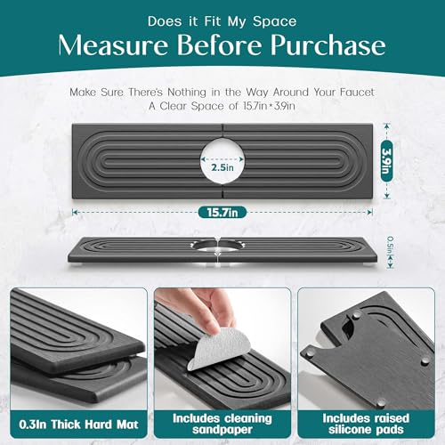 Eormoe Kitchen Sink Faucet Mat - 15.7in Diatomite Sink Protectors for Kitchen Sink, Stone Sink Splash Guard for Kitchen Counter Sink Accessories (Dark Grey, 15.7'' x 3.9'') - color: Dark Gray, size: 15.7" x 3.9"