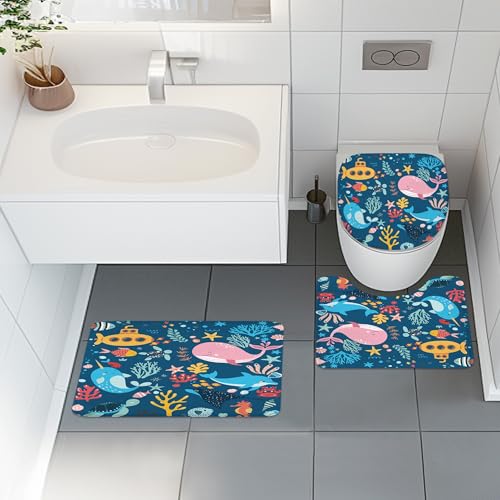 4 PCS Navy Blue Kids Bathroom Set Summer Ocean 72Wx72H Shower Curtain Set, Bath Rug Toilet Lid Cover Nonslip U Shape Mat Whale Funny Cartoon Cute Aniaml Accessories 12 Hooks Bathroom Decor - color: A 02 Navy, size: 72"W x 72"L (Pack of 4)