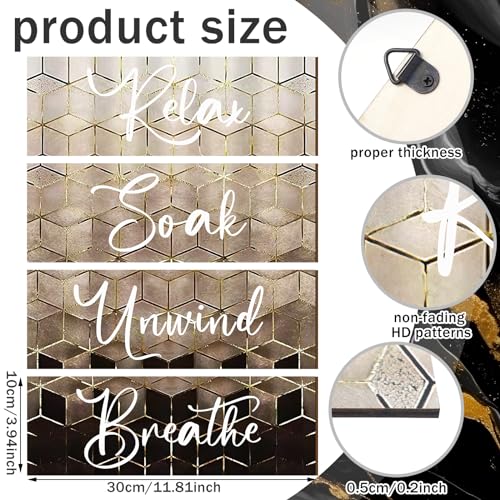 Huwena 4 Pcs Brown Bathroom Wall Decorations Modern Gradient Wood Wall Art Beige Bathroom Sign Relax Soak Unwind Breathe Geometric Golden Cubic Lines Hanging Sign for Home Living Room Toilet