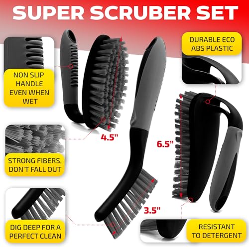Scrub Brush Set of 6 pcs - Cleaning Shower Scrubbers with Squeegee for Shower Glass and Adhesive Wall Hooks Including Grout Cleaner Brush, Scrub Brushes for Cleaning Bathroom, Shower, Tile, Bathtub - color: Black, Set of 6