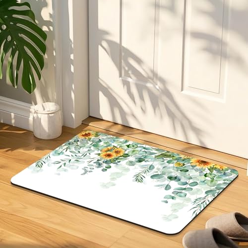 Quick Dry Bath Mat for Bathroom,Super Absorbent Green Eucalyptus Leaves Bath Rug Non-Slip Rubber Backing,Machine Washable Bathroom Floor Mat for Shower, Tub, Sink Area Sunflower Watercolor 16x24 - color: Green Leaves, size: 1'4" x 2' (Rectangular)