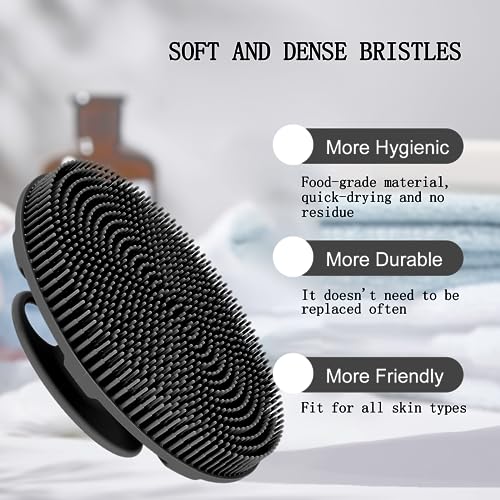 INNERNEED Food-Grade Soft Silicone Body Scrubber Shower Brush Handheld Cleansing Skin Brush, Gentle Exfoliating and Lather Well (Black) - color: Black