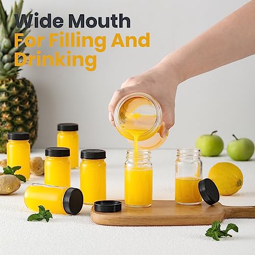 9 Pack, 2 oz Glass Shot Bottles w/ Black Lids & 9 Labels - Small Clear Jar for Ginger, Wellness Shot, Juice, Sample, Whiskey - Travel Essentials Mini Bottles - Wide Mouth, Leakproof, Dishwasher Safe - color: Black Lids, size: 2oz-9 pack
