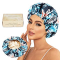 Luvruitaky Large Shower Caps for Women Reusable Waterproof Satin Lined Shower Cap with Adjustable Band Double Layer Design Luxury Washable Bath Hair Bonnet (Black Palm) - color: Black Palm