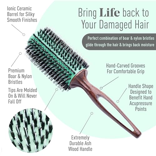 MINT Eco-Friendly Boar Bristle Round Brush for Blow Drying | Durable Blowout Styling for All Hair Types | Ceramic Round Brush with Hand-Crafted Wooden Handle (40 mm) - size: 40 mm Round Brush