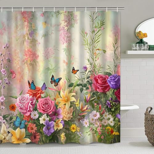 DDQQ 4-Piece Butterfly Floral Shower Curtain Set Botanical Aesthetic Flower Bathroom Set with Shower Curtain and Rugs, Cute Fun Decorative Bath Curtain with Hooks for Home Decor - color: Green