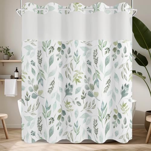 No Hook Shower Curtain with Snap in Fabric Liner Set, Waterproof & Washable, Boho Green Botanical Leaf Floral Shower Curtains for Bathroom, Rustic Modern Hotel Style Plant Bathroom Curtain, 71x74 inch - color: Green Foliage