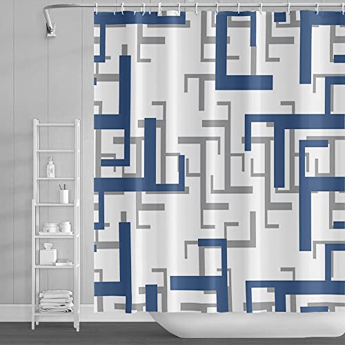 48x72inch Geometric Shower Curtain Set with Hooks White Blue Gray Bathroom Curtain Modern Casual Style Abstract Geometric Aesthetics Bath Curtain for Bathroom Waterproof Decorative Bathtubs - color: Blue White, size: 48"W x 72"L (Pack of 1)
