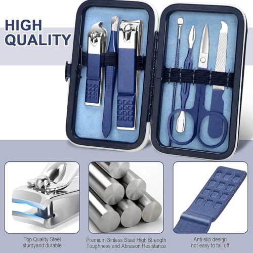 Aceoce Travel Manicure Set Mens Grooming Kit Stainless Steel Nail Clippers Nail Care Tool with Luxurious Travel Case Manicure Pedicure Set Professional Personal Care Gift for Men Family Friends - color: Blue